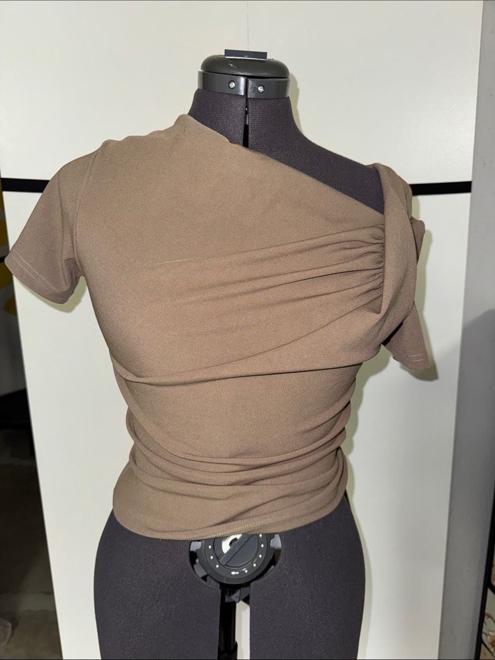NWOT. Asymmetric Shoulder Light Brown Stretchy Women’s Top